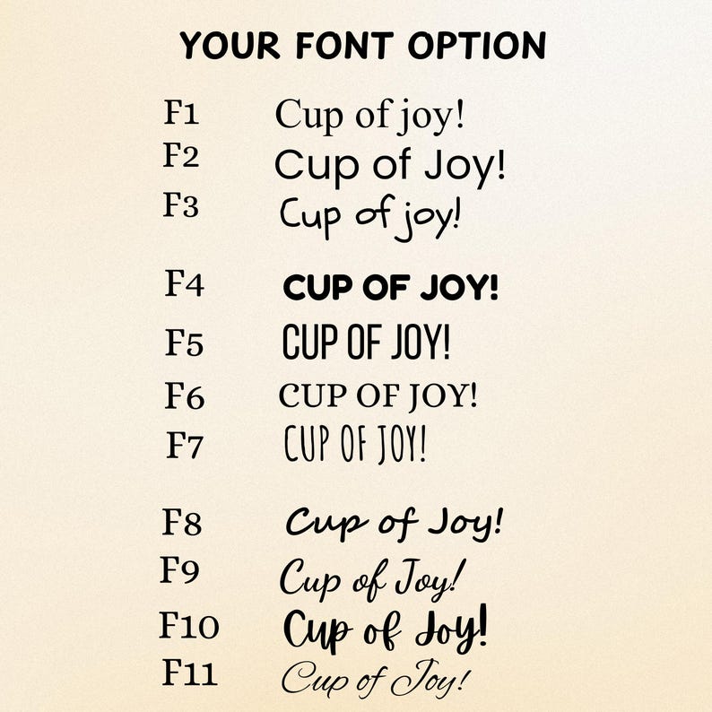 May include: A graphic showcasing eleven font options for the phrase "Cup of Joy!" in various styles. The text is displayed in both uppercase and lowercase, with different font weights and designs. The background is a light beige color.