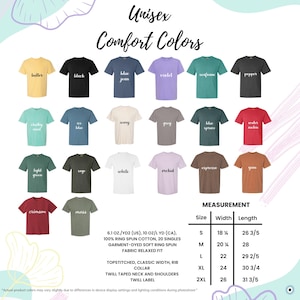 Pu&ograve; includere: Immagine di t-shirt Unisex Comfort Colors in vari colori, tra cui burro, nero, blu jeans e viola. L'immagine include anche una tabella delle taglie con misure in centimetri. Taglie: S a 2XL.
