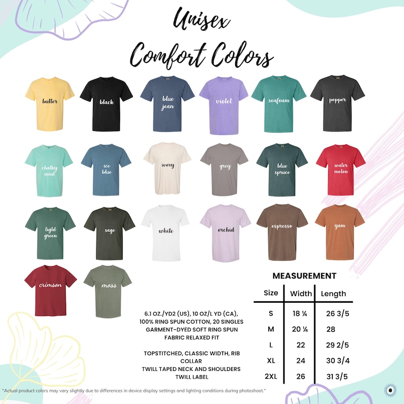 Pu&ograve; includere: Immagine di t-shirt Unisex Comfort Colors in vari colori, tra cui burro, nero, blu jeans e viola. L'immagine include anche una tabella delle taglie con misure in centimetri. Taglie: S a 2XL.