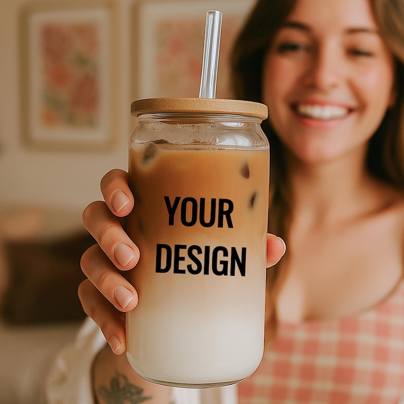 May include: A clear glass tumbler with a wooden lid and a clear straw, filled with a layered drink. The text "YOUR DESIGN" is printed on the front of the tumbler. The tumbler is held by a person.