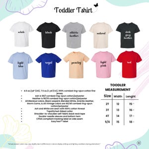 May include: A collection of ten short-sleeved toddler t-shirts in white, black, athletic heather, natural, dark grey heather, light blue, royal, peachy, light pink, and red. Includes a size chart with widths and lengths in cm for sizes 2T to 5/6.