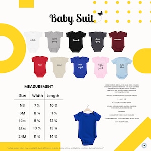 May include: A collection of ten baby suits in white, sport gray, black, dark gray, maroon, red, sand, blue royal, light pink, and light blue. Includes a size chart with measurements in inches and technical specifications for fabric and construction.