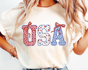 Comfort Colors USA Shirt, Coquette 4th of July Usa, USA Floral Shirt, Patriotic Women Shirt, American Girl Shirt, Flower USA Shirt