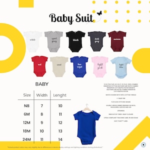 May include: A collection of ten short-sleeved baby bodysuits in white, sport grey, black, dark grey, maroon, red, sand, true royal, light pink, and light blue. Includes a size chart with width and length measurements in cm and fabric details.