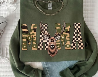 Sudadera retro de camuflaje para mamá, Camiseta de temporada de caza de ciervos, Suéter vintage de camuflaje de pato, Sudadera de cuello redondo de camuflaje de otoño