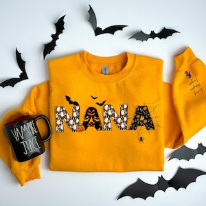 Felpa di Halloween personalizzata per nonna, felpa di Halloween per nonna e nipoti, regalo di Halloween per nonna, nonna, maglietta per nonna con nome sulla manica