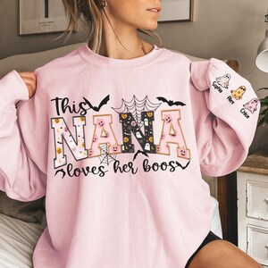 Gepersonaliseerde Halloween Nana-sweater, aangepaste Spooky Nana-sweater met kindernamen, herfst Nana-sweater, coole Nana Halloween-sweater