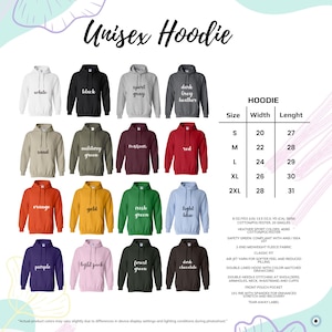 May include: A selection of unisex hoodies in various colors, including white, black, and red. The image displays a size chart and product details, such as the fabric and features. The text "Unisex Hoodie" is at the top.