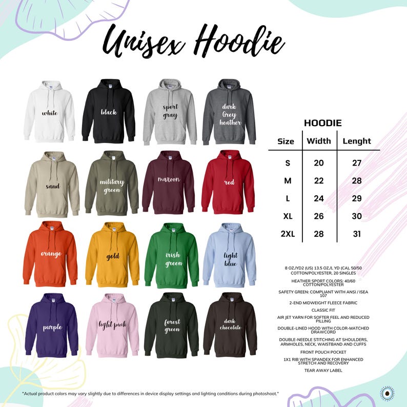 May include: A selection of unisex hoodies in various colors, including white, black, and red. The image displays a size chart and product details, such as the fabric and features. The text "Unisex Hoodie" is at the top.