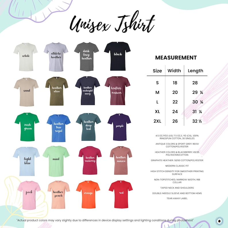 以下が含まれることがあります： 白、黒、青、緑、ピンクなど、さまざまな色のユニセックスTシャツの画像。Sから2XLまでのサイズ、幅45.7〜66cm、長さ71.1〜82.6cmの測定チャートも含まれています。「Unisex Tshirt」というテキストが上部にあります。