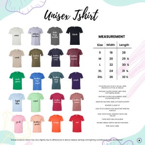 May include: A color chart for a unisex t-shirt displaying twenty different color options with labels including white, black, and various heather shades. A measurement table lists sizes S through 2XL with width and length in inches.
