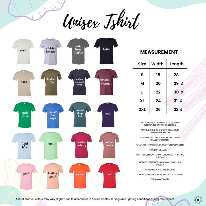 May include: A color chart for a unisex t-shirt displaying twenty different color options with labels including white, black, and various heather shades. A measurement table lists sizes S through 2XL with width and length in inches.