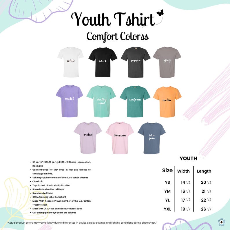 May include: A colour chart for youth t-shirts featuring eleven short-sleeve shirts in white, black, pepper, grey, violet, chalky mint, seafoam, melon, orchid, blossom, and blue jean. Includes a size chart with width and length in centimetres.