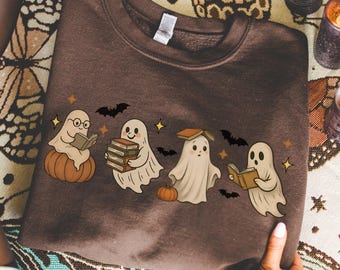 Ghost Reading Sweatshirt, Halloween Sweatshirt, Ghost Sweatshirt, Ghost Reading Books, Fall Crew, Halloween Ghost Hoodie, Ghost Book Sweater