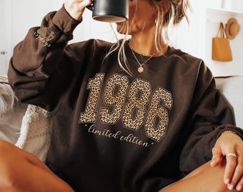 Retro verjaardagssweater 1986, 40e verjaardag luipaard luipaard cadeaus voor vrouwen, kerstcadeau voor moeder veertigste trui geboren, cadeau voor haar