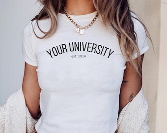 Custom College Baby Tee, Personalized Trendy Y2K Shirt,  College Merch Apparel, Personalized Crop Top, Sorority Gift College