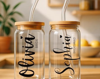 Bridesmaid Gift, Customized Glass Tumbler, Iced Coffee Tumbler, Maid Of Honor Gift, Bachelorette Party, 16oz Glass Cup, Bridesmaid Proposal