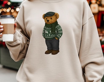 Winter Preppy Bear Sweater Christmas Bear Sweatshirt Holiday Pullover Festive Cozy Sweater Xmas Party Shirt Cute Bear Gift for Him or Her,