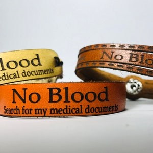 Leather Cuffs / Personalized / Medical directive / No Blood / Narrow Leather Wristband