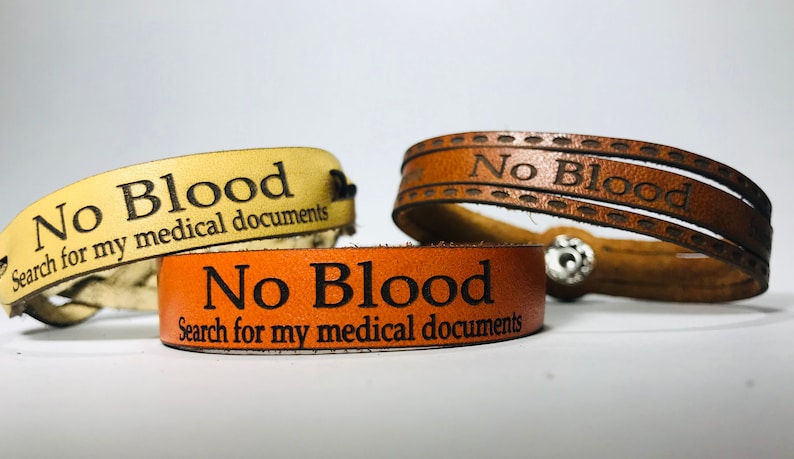 Leather Cuffs Personalized Medical directive No Blood Narrow Leather Wristband