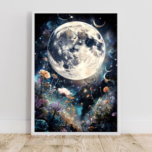 Affiche + Carte postale : Pleine lune magique et fleurs | Art mural numérique | Décoration murale | Affiche d'art mural | Téléchargement numérique