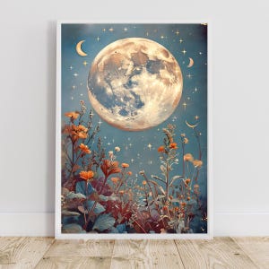 Pôster + Cartão Postal: Lua Cheia Retrô e Flores Silvestres | Arte de parede digital | Decoração de parede | Pôster de arte de parede | Download digital