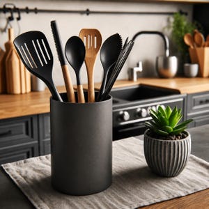 May include: A black utensil holder containing various kitchen tools, including a slotted spatula, a spoon, and a whisk. A wooden spoon is also visible. A small potted succulent sits on a linen napkin.