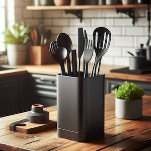 May include: A black utensil holder containing black kitchen tools such as spoons, spatulas, a knife, and a fork. The holder is on a wooden surface, with a small potted plant and other kitchen items in the background.