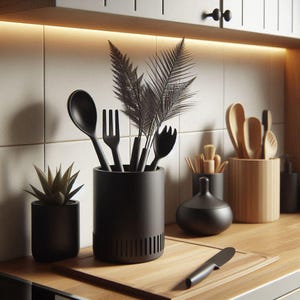 May include: A kitchen scene with a black utensil holder containing a spoon, fork, and serving fork. Decorative black fern fronds and a small potted succulent are also present. Other items include wooden utensils and a cutting board.