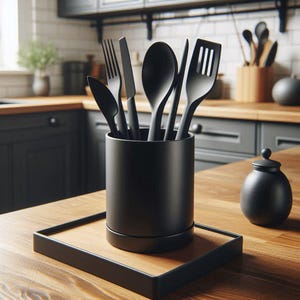 May include: A black kitchen utensil set, including a fork, knife, spoon, spatula, and serving spoon, in a black cylindrical holder. The holder is on a wooden tray, with a small black jar in the background. The kitchen has wooden worktops and black cabinets.