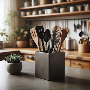 May include: A dark grey square utensil holder containing wooden spatulas, black spoons, and a whisk. The holder is on a countertop, with a small potted succulent in front. The background shows a kitchen with wooden shelves and utensils.