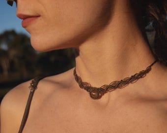 Earthy boho choker necklace ~ micro macrame with gemstone ~ adjustable handmade jewellery ~ Sand Waves