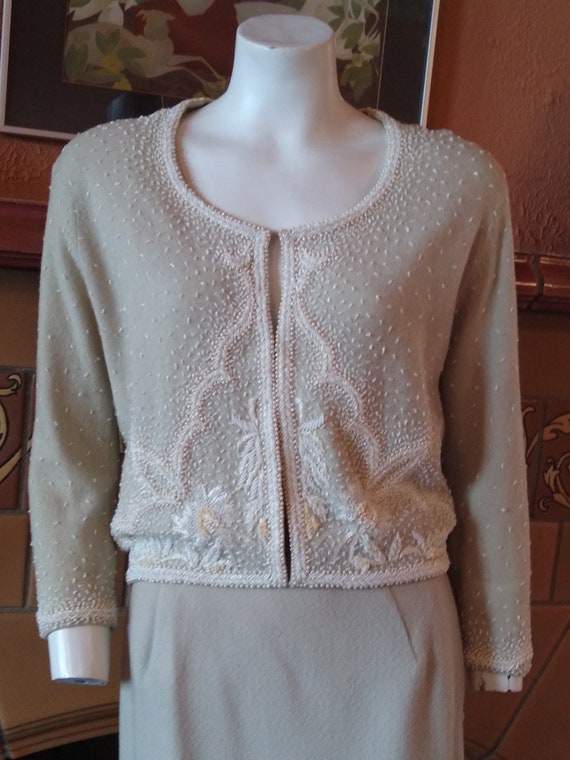 1950s Vintage Beaded Sweater and Skirt Set Suit