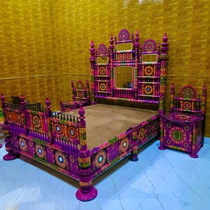 Hand-Painted Sindhi Rilli Furniture Set - Vibrant Traditional Pakistani Home Decor
