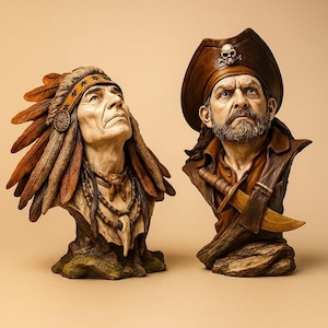 Puede incluir: Dos bustos detallados: uno de un jefe nativo americano con un tocado de plumas y collares de cuentas, y otro de un pirata con un sombrero de tres picos adornado con una calavera. Ambos están pintados en tonos realistas, mostrando detalles intrincados.
