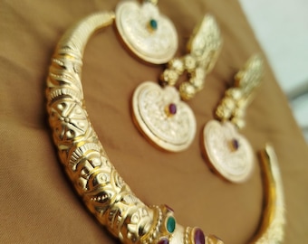 Antique Gold Plated Temple Jewelry Set | South Indian Bridal Necklace & Earrings | Ethnic Traditional Jewelry for Women