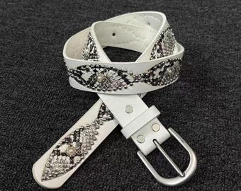 Vintage Gothic Weiß Schlangenmuster Gürtel, Perlen Nieten Punk PU Taillengürtel, Strass Augen Design für Y2K Rock, Geburtstagsparty Geschenke