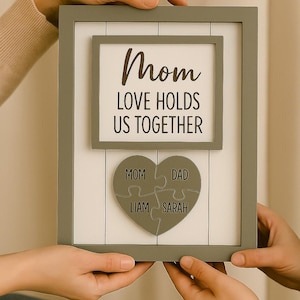 Custom Family Puzzle Heart Sign with Names, Personalized Wall Art Gift for Mom, Love Holds Us Together Wooden Home Decor Keepsake