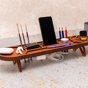 Desk Organizer Gift for Coworker or Boss, Modern Wooden Docking Station, Office Tech Gift