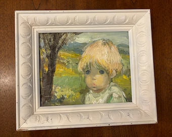 Vintage Mid-Century Large Eyed Child Oil Painting