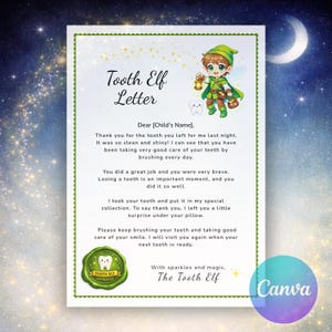 May include: A Tooth Elf Letter with a green border, featuring an illustration of an elf holding a lantern. The letter includes text about a lost tooth and a message from the Tooth Elf. The Canva logo is visible.