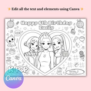 Może przedstawiać: Czarno-biała strona do kolorowania z tekstem "Happy 6th Birthday Emily" i "K-POP". Obraz przedstawia trzy dziewczyny w stylu anime w sercu, otoczone r&oacute;żnymi ilustracjami, takimi jak kot, ciasto i mikrofon. Widoczne jest logo Canva.
