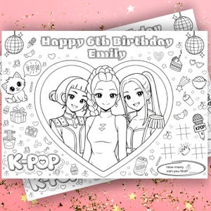 May include: Black and white coloring page with the text "Happy 6th Birthday Emily" and "K-POP". The page features three anime-style girls inside a heart, surrounded by various illustrations like a cat, cake, and microphone.