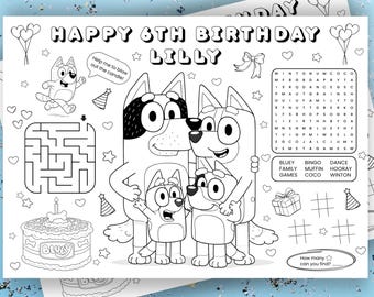 Blue Dog Birthday Coloring Page, Dogs Birthday Invitation Sheet, Birthday Coloring Placemat For Kids, Custom Colouring Mat for Girl, Digital