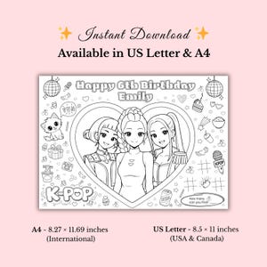 Może przedstawiać: Czarno-biała strona do kolorowania z napisem "Happy 6th Birthday Emily" i motywem K-Pop. Obraz przedstawia trzy dziewczyny w stylu anime w sercu, otoczone r&oacute;żnymi ikonami związanymi z K-Pop. Strona jest dostępna w formacie A4 21 x 29,7 cm.