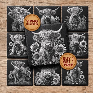 May include: A set of nine black square coasters featuring detailed grayscale illustrations of Highland cows. Some coasters include sunflowers. The image includes two circular stickers with text.