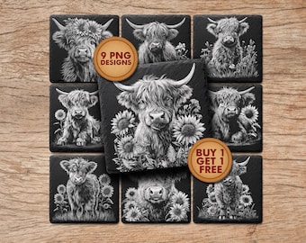 May include: A set of nine black square coasters featuring detailed grayscale illustrations of Highland cows. Some coasters include sunflowers. The image includes two circular stickers with text.