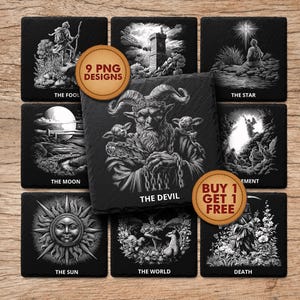 May include: A collection of black and white tarot card designs featuring illustrations of The Fool, The Moon, The Star, The Devil, The Sun, The World, and Death. Includes a "Buy 1 Get 1 Free" offer.