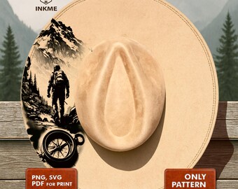 Hat Burning Design Compass and Mountains, Burned Cowboy Hats Pyrography Stencil (Digital Template) | #117