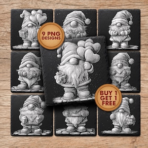 May include: A collection of black square coasters featuring detailed grayscale illustrations of gnomes. Each gnome is depicted with a long beard and hat, some holding gifts or balloons. The image includes a "9 PNG Designs" and a "Buy 1 Get 1 Free" sticker.